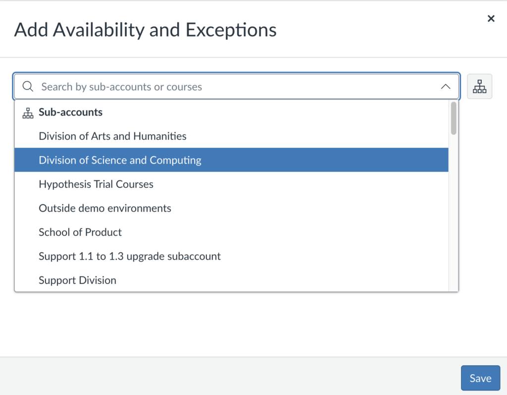 Image showing the courses and subaccount selection